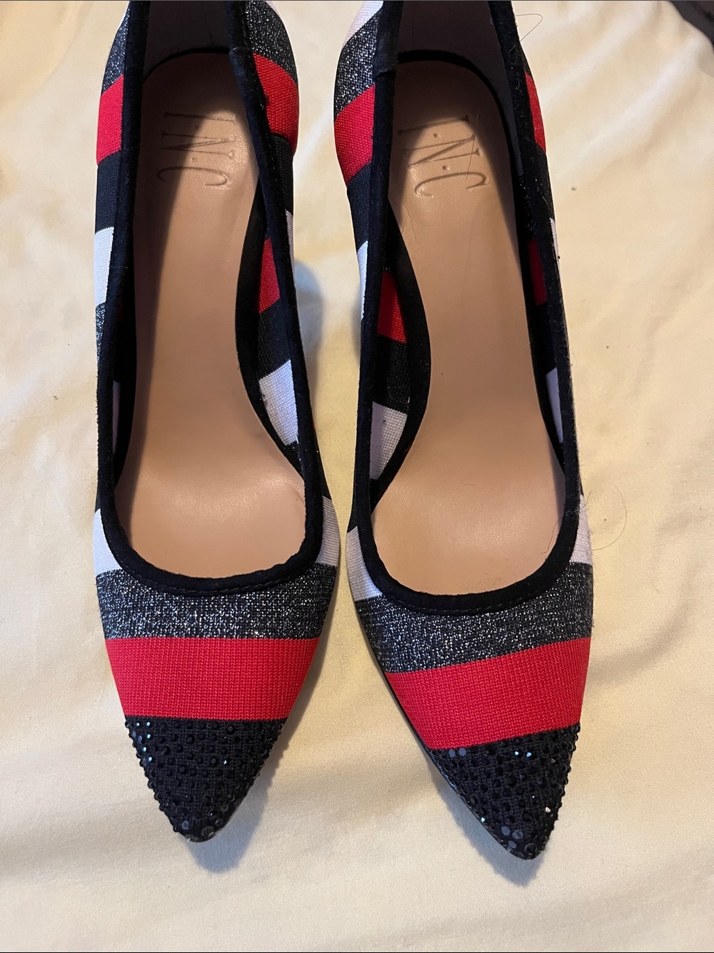 INC International Concepts Red, Black & White Striped Pointed Toe Pumps